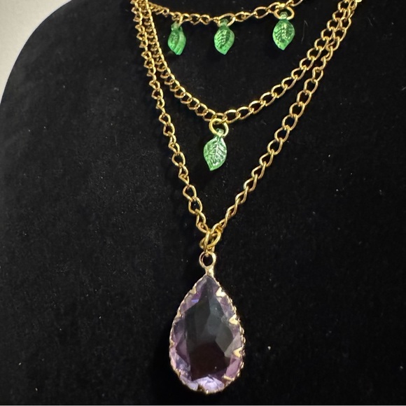 Fairycore Purple Ombre Crystal Pendant Green Leaf Necklace - Picture 15 of 16